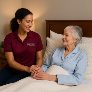 Overnight caregiver provides bedtime help for senior at home in Oro Valley, AZ.