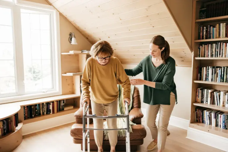 Young female caregiver assisting senior loved one safely transition from seated position to walker at home